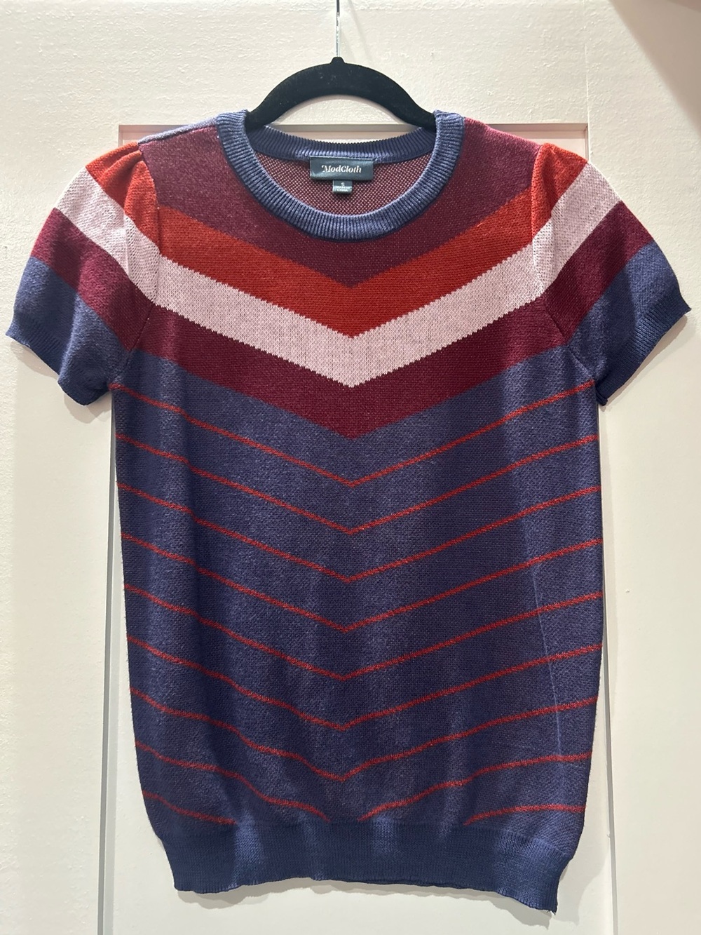 ModCloth - Short-Sleeve Chevron Stripe Sweater - Navy, Red, Pink
